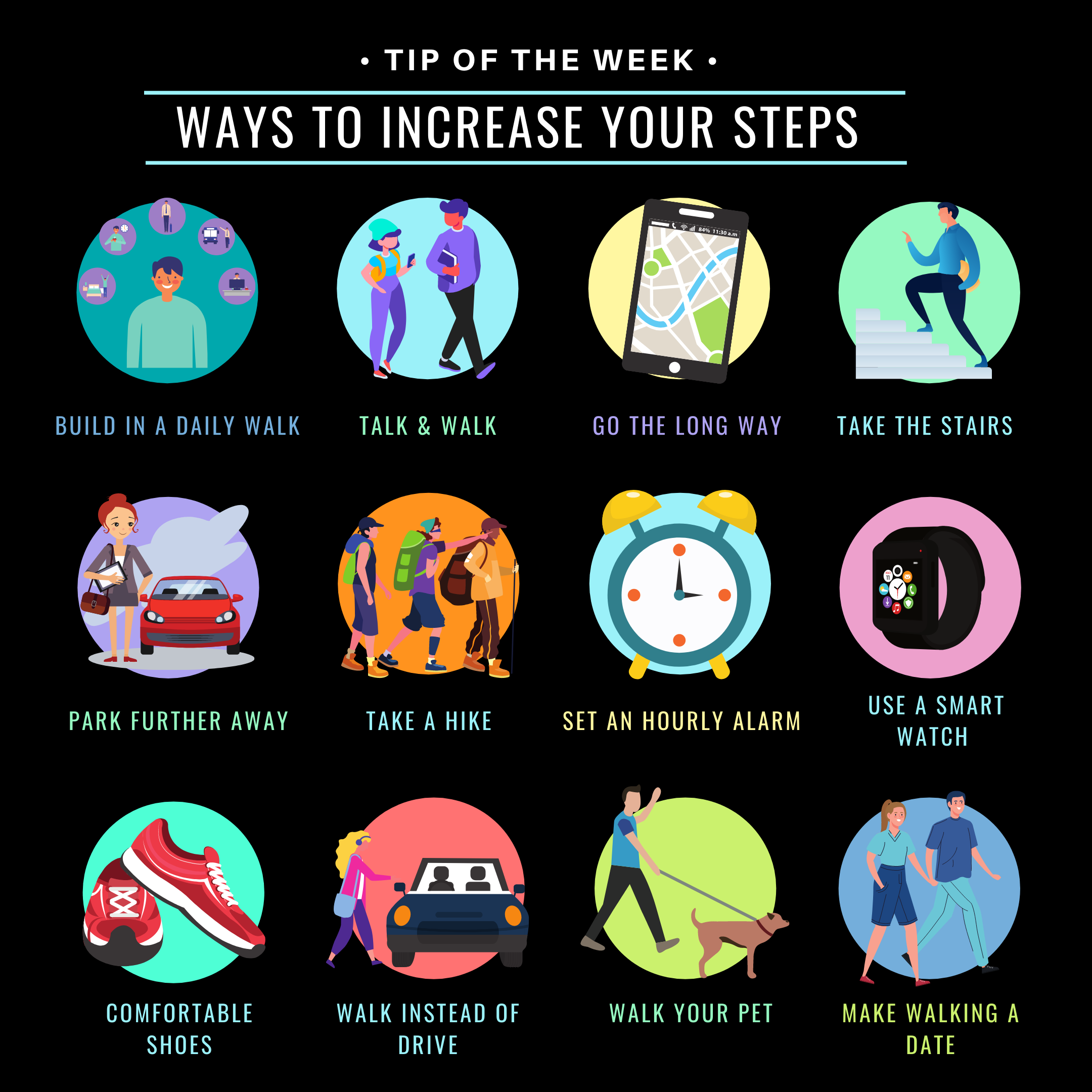 12 ways to increase your steps infographic